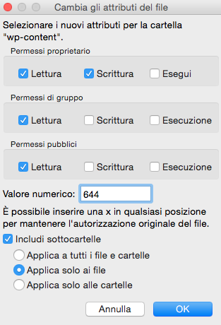 Impostazione permessi 644 su un singolo file