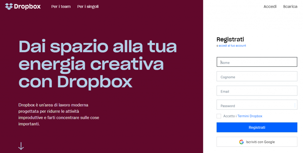 dropbox iscrizione