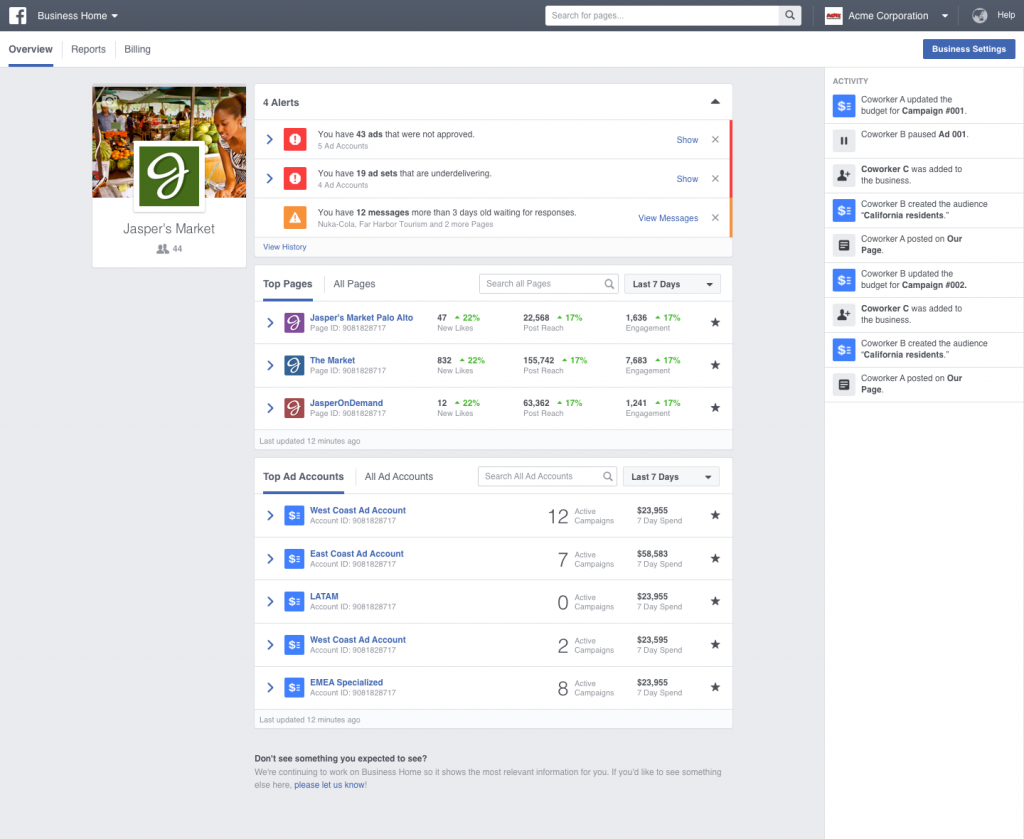 Facebook Business Manager: Home page