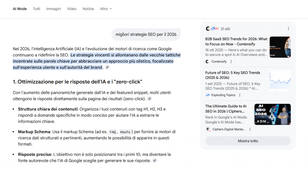 Google AI Mode: esempio di una query