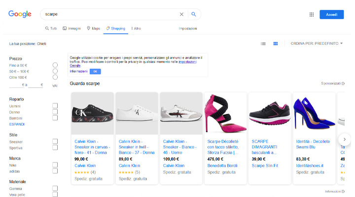 Google Shopping interfaccia ricerca articolo