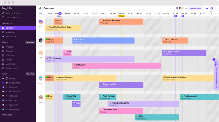 Interfaccia calendario Toggl