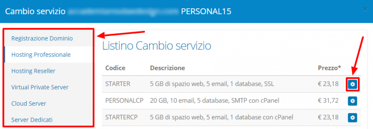 Cambio servizio pannello clienti