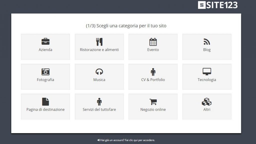 SITE123 categoria sito web