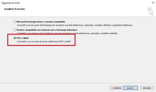 Configurare pop3 imap scelta servizio