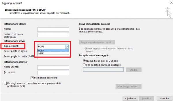 Configurazione outlook imap pop3