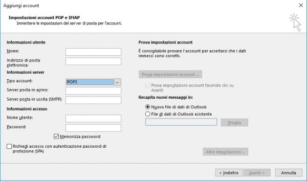 configurazione outlook imap pop3 utente