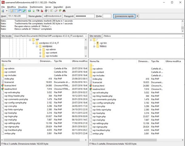 filezilla upload wordpress htdocs completato