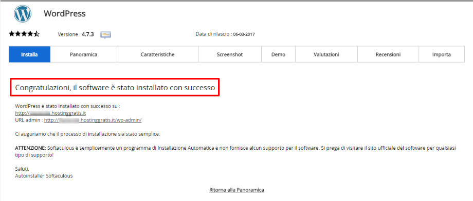 Softaculous fine installazione WordPress