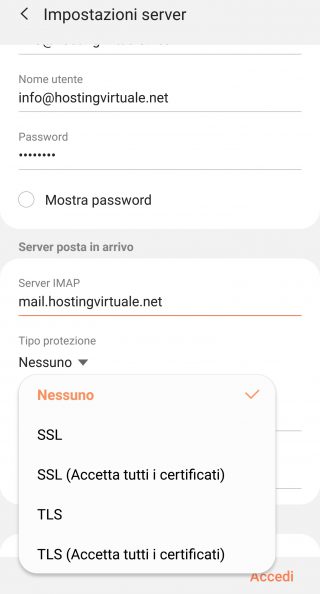 impostazioni server imap