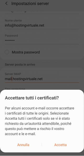 impostazioni server imap accetta certificato