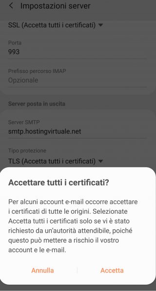 impostazioni server smtp accetta certificato