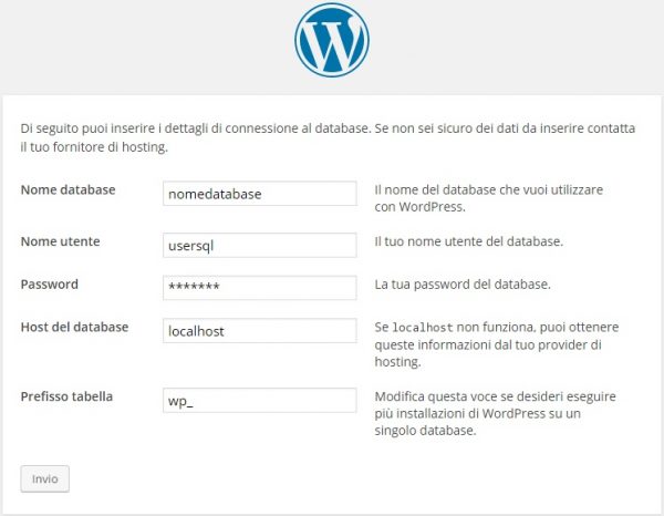 installazione wordpress inserimento database