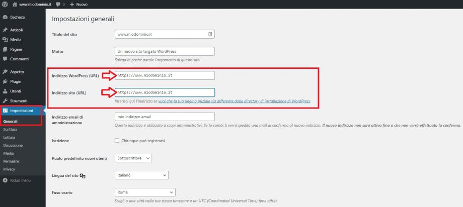 modifica url https impostazioni generali wordpress