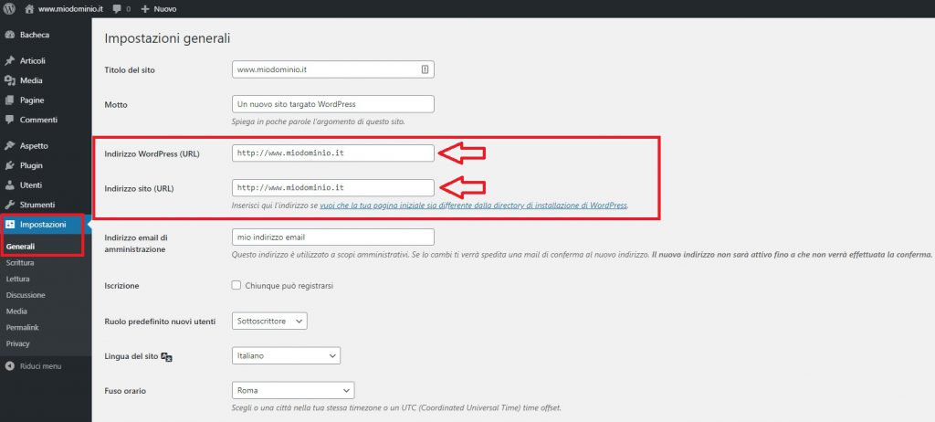 modifica url secondo livello impostazioni generali wordpress