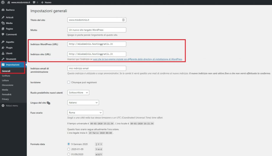 modifica url terzo livello impostazioni generali wordpress