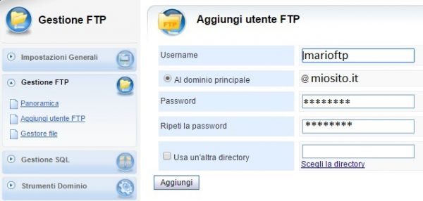Pannello vhcs gestione ftp aggiungi-utente esempio