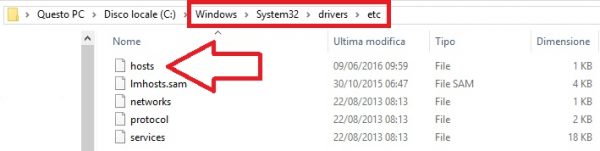 Percorso file hosts windows