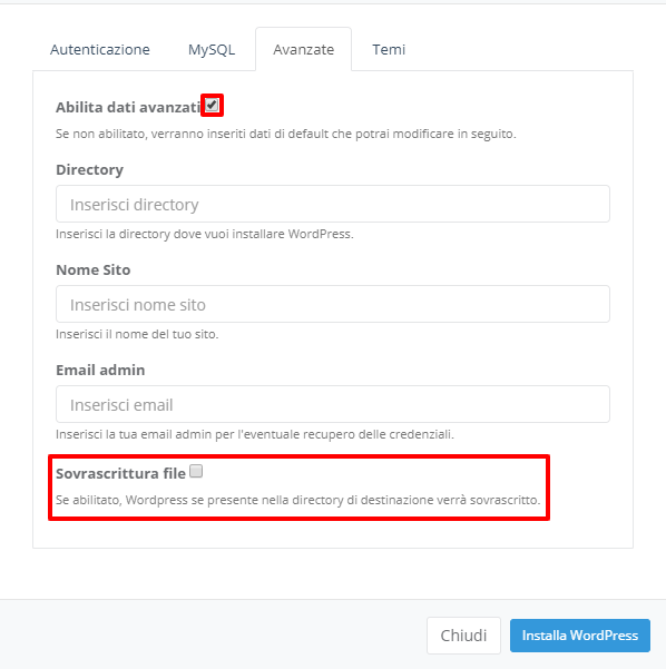 WP Installer: Opzioni avanzate