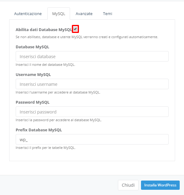 WP Installer: dati MySQL