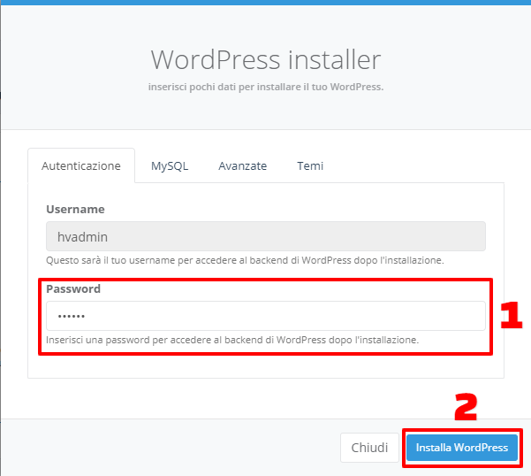 WP Installer: inserimento password